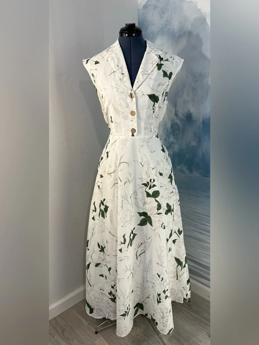 Sleeveless White Maxi Dress with Green Floral Print #347